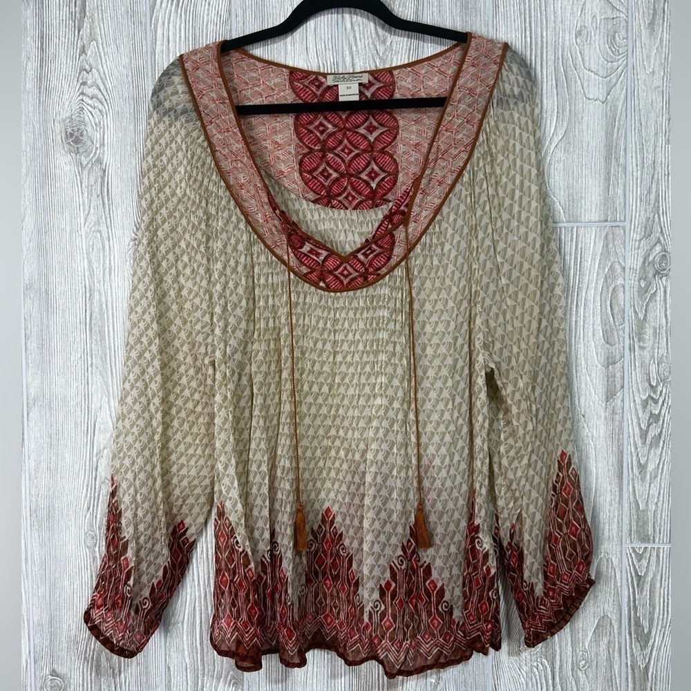Lucky Brand Boho Peasant Sheer Avalon Deco Border Long Sleeve Blouse Top Size 3X